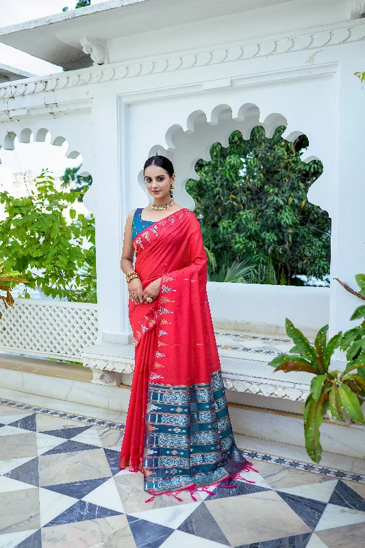 Soft Comfort Cozy Pieces Wear Women's Red Woven South Silk Saree With Blouse  (Saree Blouse Without stitch) - Aastha Fashion