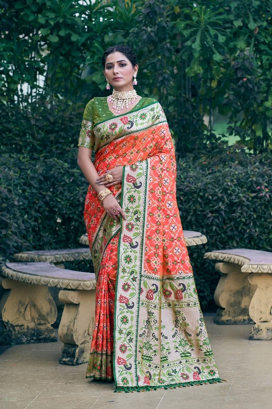 Chic Comfort Comfortable Fashion Layers Women's Orange Woven Patola Silk Saree With Blouse  (Saree Blouse Without stitch) - Aastha Fashion