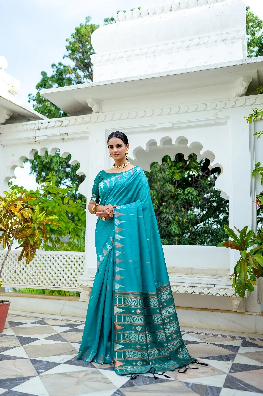 Easy Chic Stylish Layered Wear Women's Turquoise Woven South Silk Saree With Blouse  (Saree Blouse Without stitch) - Aastha Fashion