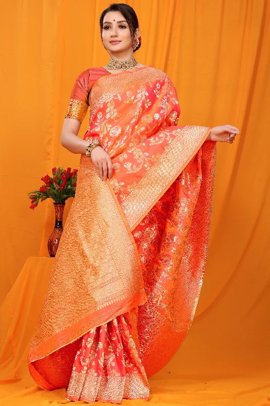 Comfortable Sweaters Comfortable Wardrobe Pieces Women's Orange Woven Banarasi Silk Saree With Blouse  (Saree Blouse Without stitch) - Aastha Fashion