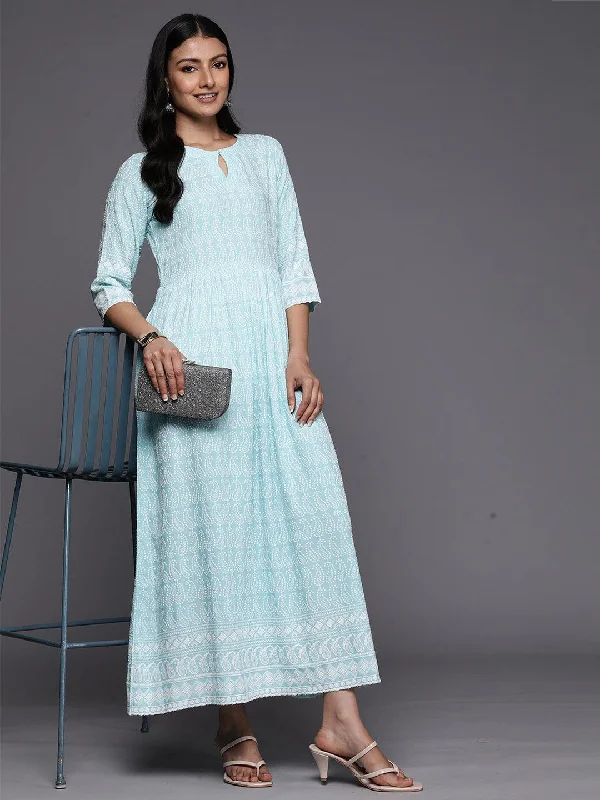 Soft Clothing Effortless Fashion Options Blue Embroidered Rayon Fit and Flare Dress