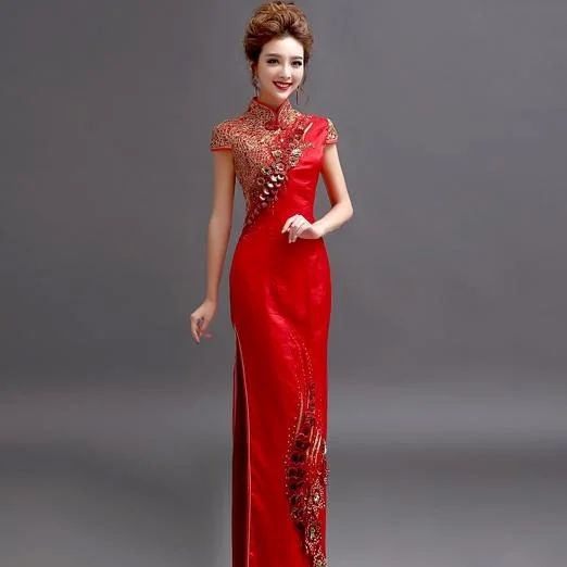 Chic Outfits Trendy Soft Fit Floral Sequins Cap Sleeve Long Cheongsam Chinese Wedding Dress