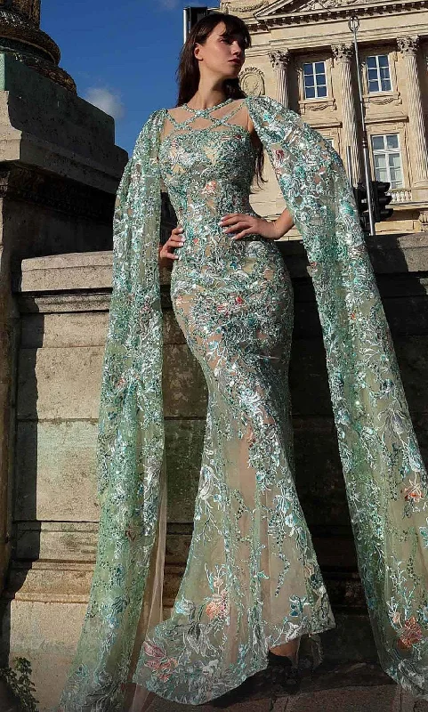 Comfortable Jeans Warm Comfortable Fits MNM Couture K4016 - Embroidered Full Length Sheath Gown