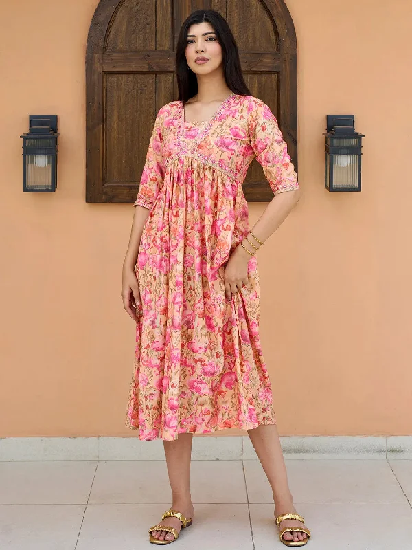 Cozy Chic Wear Stylish Soft Outfits Orange Printed Silk Fit and Flare Dress