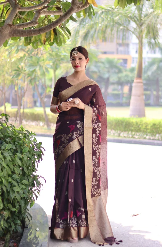 Cozy Outfit Comfortable Layered Looks Women's Coffee Thread Woven Cotton Silk Saree With Blouse  (Saree Blouse Without stitch) - Aastha Fashion