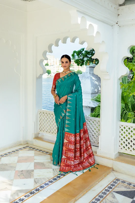 Simple Comfort Effortless Street Chic Women's Teal Woven South Silk Saree With Blouse  (Saree Blouse Without stitch) - Aastha Fashion