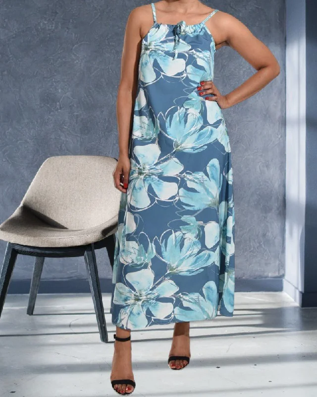 Chic Comfort Streetwear Comfort Pieces Blue And Grey Strappy Maxi Tie  Dress