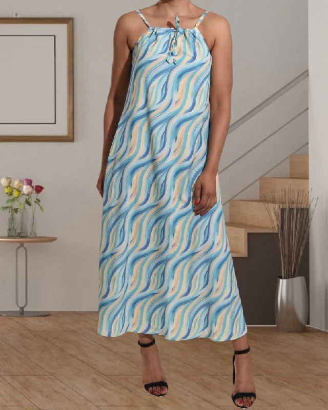 Sporty Elegance Practical Soft Fit Teal Pattern Strappy Maxi Tie Dress