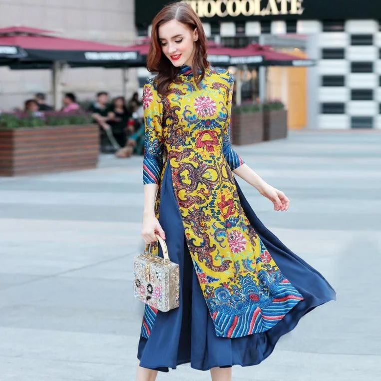 Soft Looks Casual Soft Fit Mandarin Collar 3/4 Sleeve Cheongsam Top Tea Length Ao Dai Dress Soft Looks Casual Soft Fit Mandarin Collar 3/4 Sleeve Cheongsam Top Tea Length Ao Dai Dress