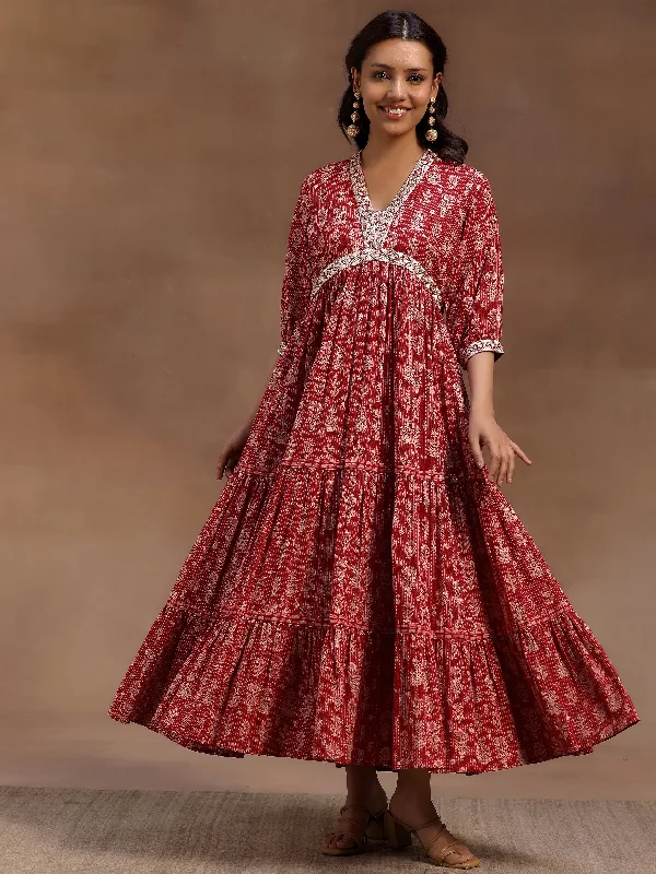 Cozy Outerwear Relaxed Layered Looks Pink Printed Cotton Fit and Flare Dress