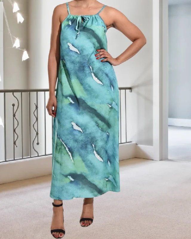 Lounge Chic Soft Wear Pieces Green And Blue Strappy Maxi Tie Dress
