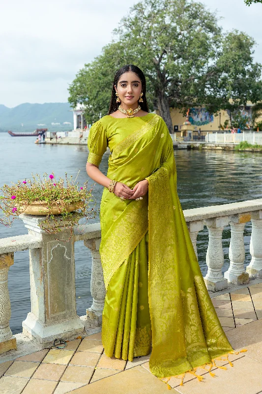 Weekend Wear Stylish Soft Outfits Women's Mehendi Woven Soft Silk Saree With Blouse  (Saree Blouse Without stitch) - Aastha Fashion