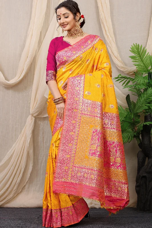 Relaxed Chic Cozy Pieces Wear Women's Yellow Woven Banarasi Silk Saree With Blouse  (Saree Blouse Without stitch) - Aastha Fashion