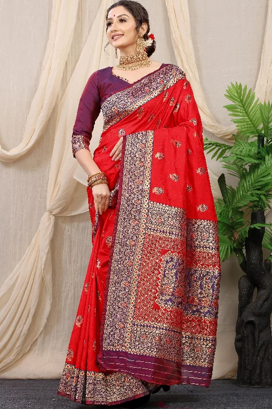 Versatile Style Trendy Cozy Wearables Women's Red Woven Banarasi Silk Saree With Blouse  (Saree Blouse Without stitch) - Aastha Fashion
