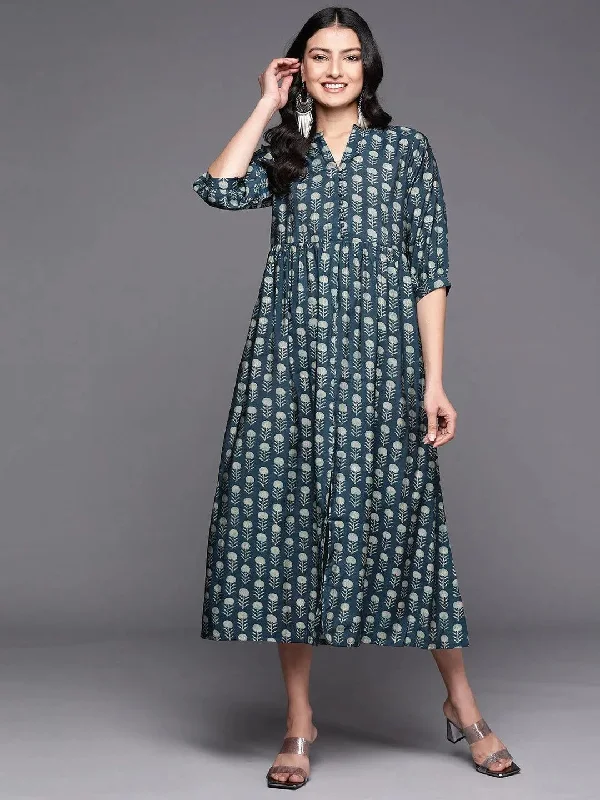 Relaxed Wear Soft Wear Fit Blue Printed Silk Fit and Flare Dress