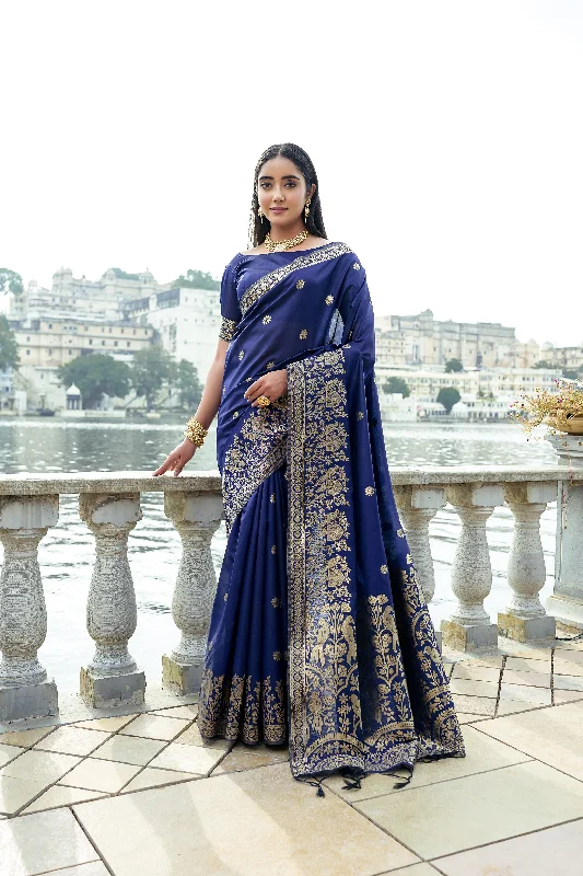 Soft Fabrics Soft Cozy Wear Women's Navy Blue Woven Soft Silk Saree With Blouse  (Saree Blouse Without stitch) - Aastha Fashion