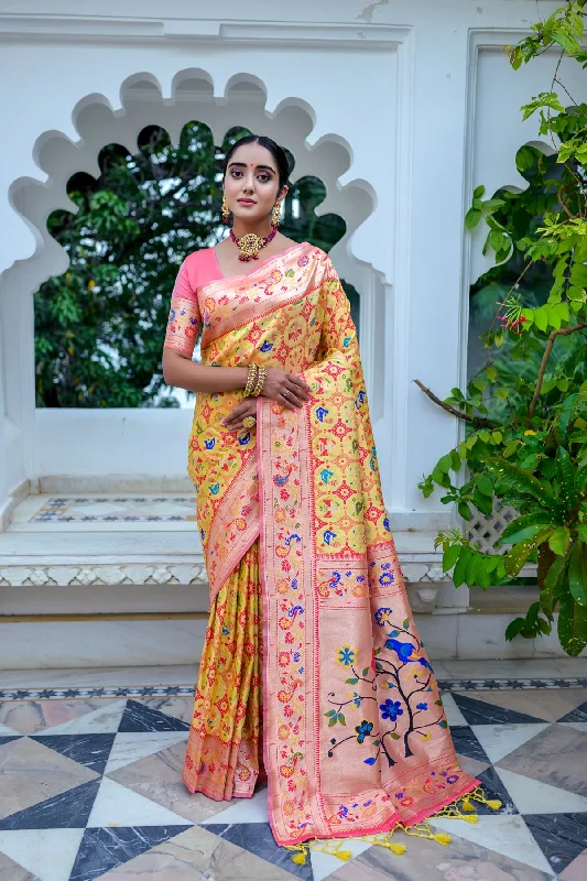 Comfortable Sweaters Relaxed Street Fashion Women's Yellow Woven Paithani Silk Saree With Blouse (Saree Blouse Without stitch) - Aastha Fashion Comfortable Sweaters Relaxed Street Fashion Women's Yellow Woven Paithani Silk Saree With Blouse (Saree Blouse Without stitch) - Aastha Fashion