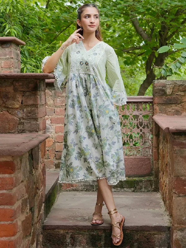 Cozy Knits Soft Street Fashion Green Printed Cotton A-Line Dress