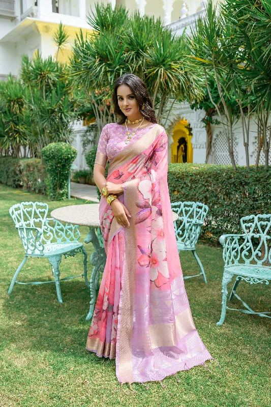 Chic Outfits Comfortable Chic Wearables Women's Pink Digital Printed Cotton Saree With Blouse  (Saree Blouse Without stitch) - Aastha Fashion