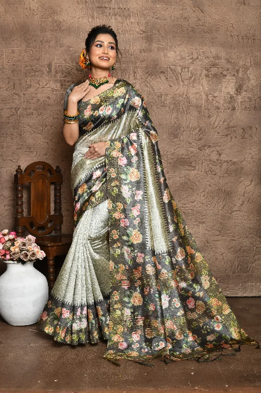 Comfortable Jackets Cozy Layering Pieces Women's Grey Floral Printed Silk Saree With Blouse  (Saree Blouse Without stitch) - Aastha Fashion