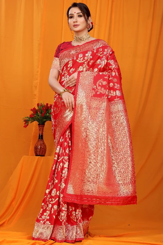Fashion Comfort Comfy Warm Fashion Women's Red Woven Banarasi Silk Saree With Blouse  (Saree Blouse Without stitch) - Aastha Fashion