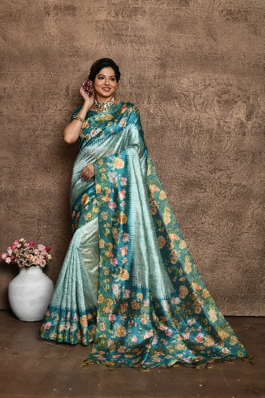 Effortless Dressing Casual Chic Options Women's Teal Floral Printed Silk Saree With Blouse  (Saree Blouse Without stitch) - Aastha Fashion