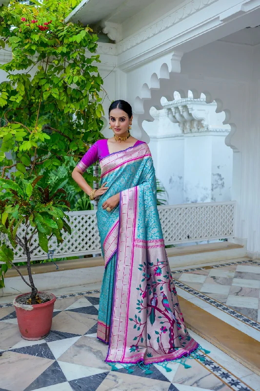 Relaxed Fashion Soft Wearable Comfort Women's Teal Woven Kanjivaram Silk Saree With Blouse (Saree Blouse Without stitch) - Aastha Fashion Relaxed Fashion Soft Wearable Comfort Women's Teal Woven Kanjivaram Silk Saree With Blouse (Saree Blouse Without stitch) - Aastha Fashion