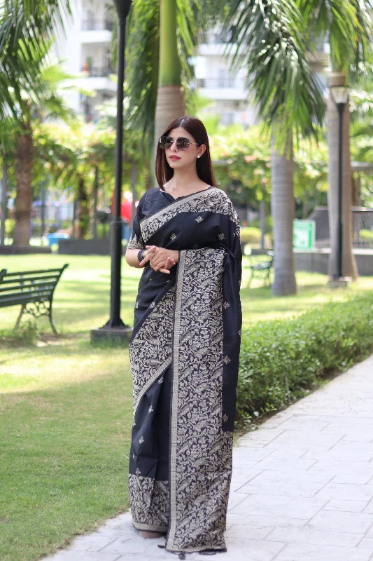 Breezy Style Simple Cozy Pieces Women's Black Woven Handloom Raw Silk Saree With Blouse  (Saree Blouse Without stitch) - Aastha Fashion