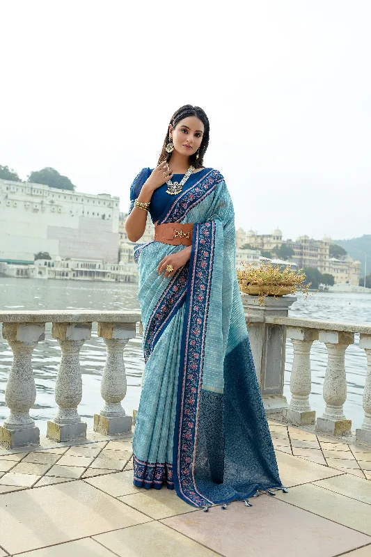 Cozy Sweaters Effortless Cozy Layers Women's Blue Floral Printed Cotton Silk Saree With Blouse  (Saree Blouse Without stitch) - Aastha Fashion