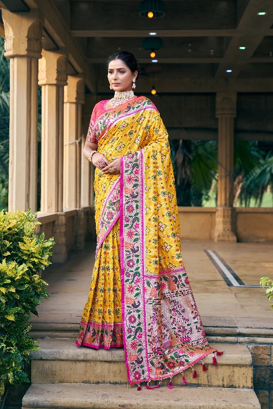 Breathable Comfort Soft Day-to-day Looks Women's Yellow Woven Patola Silk Saree With Blouse  (Saree Blouse Without stitch) - Aastha Fashion