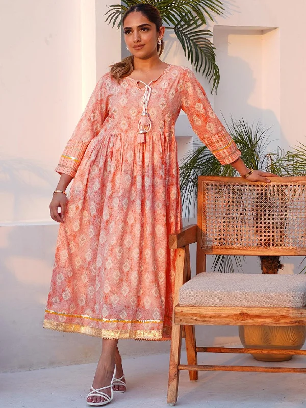 Comfortable Fashion Comfortable Warm Layers Peach Printed Cotton Fit and Flare Dress