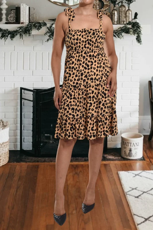 Everyday Outfits Fashionable Cozy Wear Brown Printed Tie Shoulder Dress