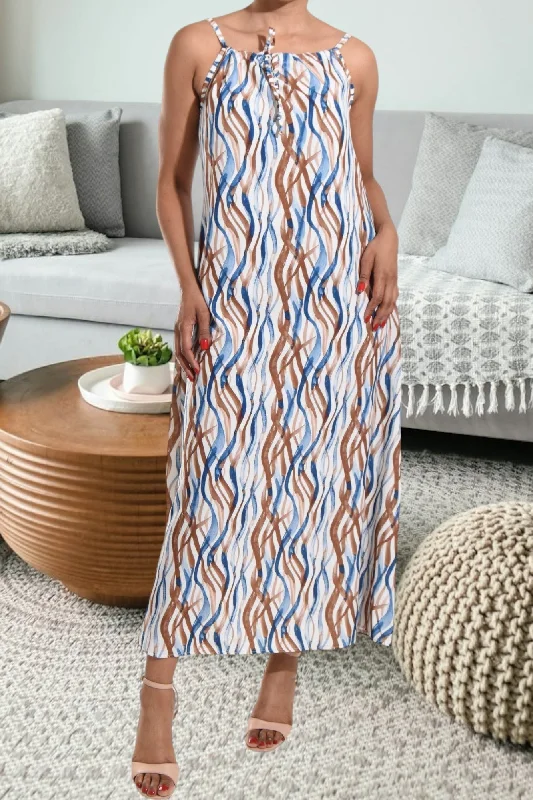 Elegant Fit Soft Casual Wearable Brown Pattern Strappy Maxi Tie Dress