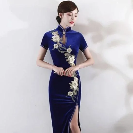 Cozy Fashion Soft Cozy Wear Floral Embroidery Velvet Cheongsam Top Retro Evening Dress