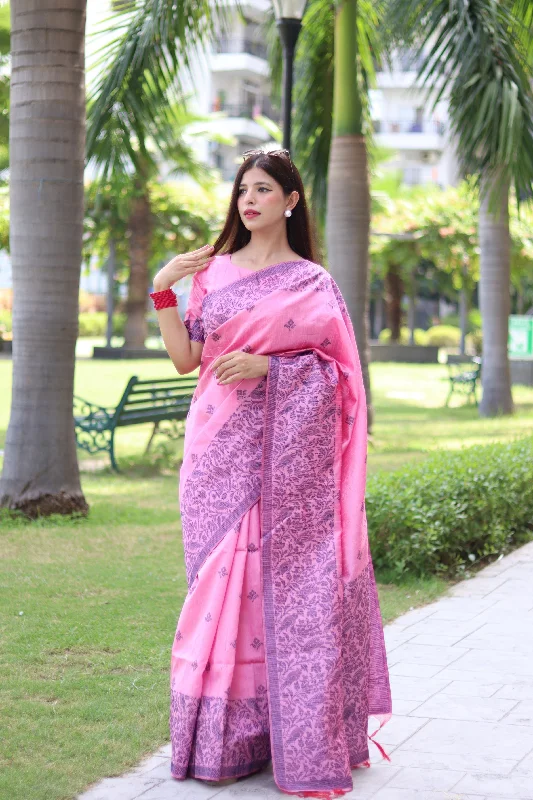 Basic Comfort Effortless Comfort Fit Women's Baby Pink Woven Handloom Raw Silk Saree With Blouse  (Saree Blouse Without stitch) - Aastha Fashion