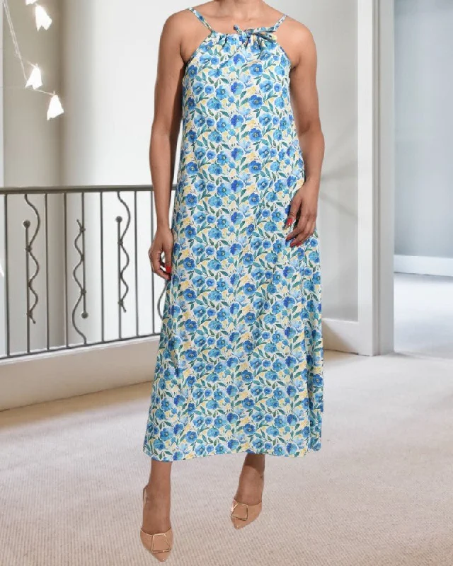 Comfortable Jackets Affordable Soft Fit Blue Floral Strappy Maxi Tie  Dress .
