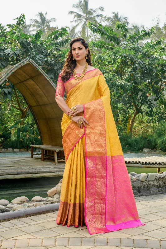 Layered Style Stylish Layered Wear Women's Yellow Woven Kanchipuram Silk Saree With Blouse  (Saree Blouse Without stitch) - Aastha Fashion