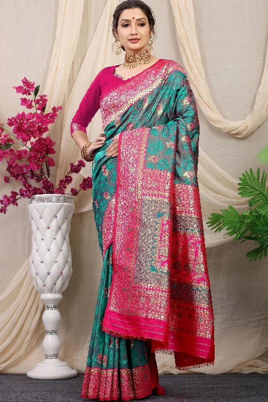 Easy Chic Soft Wear Pieces Women's Bottle Green Woven Banarasi Silk Saree With Blouse  (Saree Blouse Without stitch) - Aastha Fashion