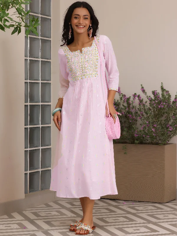 Cozy Vibes Trendy Soft Comfort Pink Self Design Cotton A-Line Dress