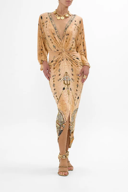 Warm Wear Simple Cozy Pieces LONG SPLIT FRONT TWIST DRESS KINGDOM OF HEIROGLYPHS