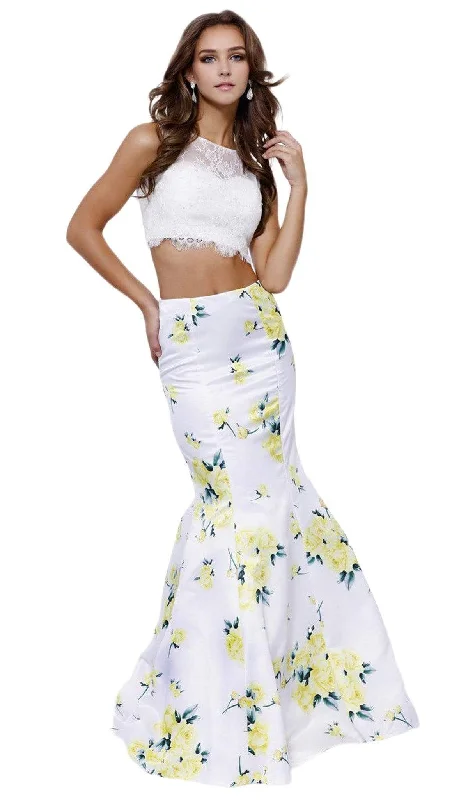 Easy Fashion Stylish Relaxed Clothing Nox Anabel - 8208 Two Piece Laced Jewel Floral Trumpet Evening Gown