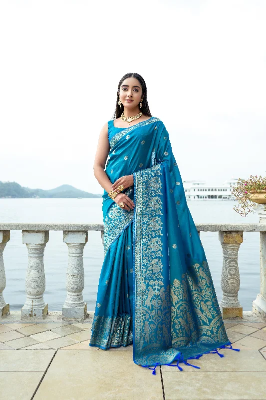 Versatile Comfort Comfortable Layering Options Women's Blue Woven Soft Silk Saree With Blouse  (Saree Blouse Without stitch) - Aastha Fashion