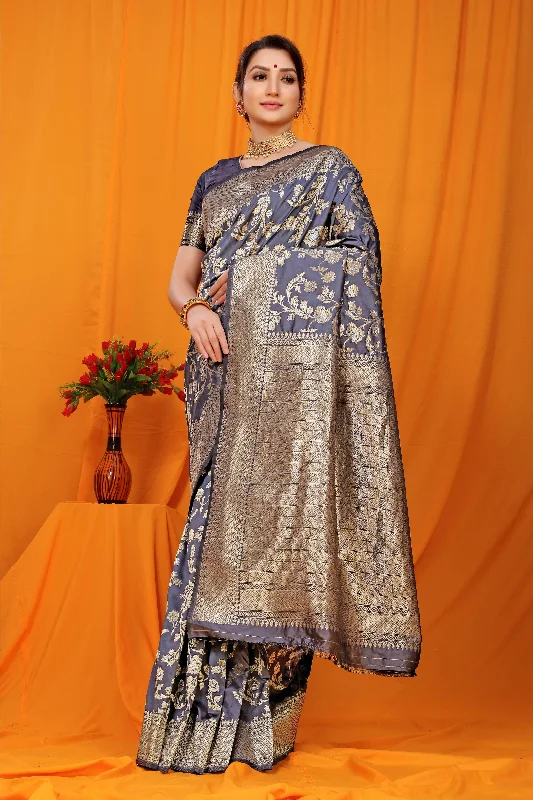Trendy Looks Street Fashion Comfort Women's Navy Blue Woven Banarasi Silk Saree With Blouse  (Saree Blouse Without stitch) - Aastha Fashion