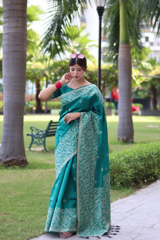 Cozy Dress Warm Soft Clothing Women's Teal Woven Handloom Raw Silk Saree With Blouse  (Saree Blouse Without stitch) - Aastha Fashion