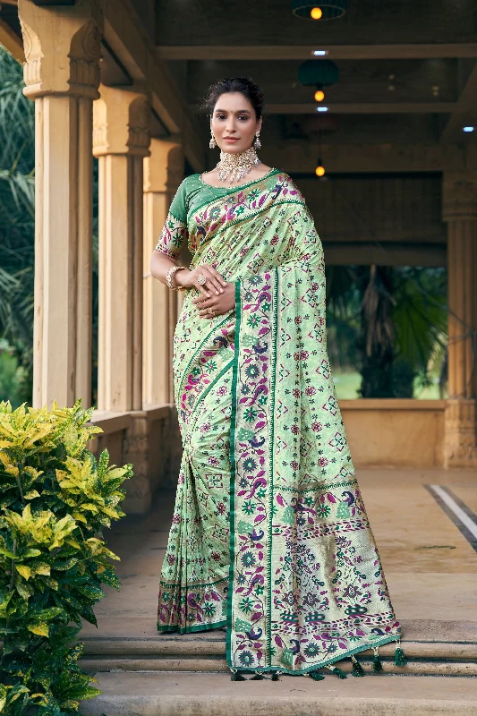 Trendy Wear Soft Wear Fit Women's Sea Green Woven Patola Silk Saree With Blouse  (Saree Blouse Without stitch) - Aastha Fashion