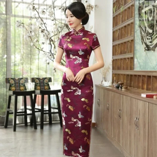 Relaxed Dresses Comfortable Trend Wear Cap Sleeve Floral Brocade Tea Length Cheongsam Chinese Dress