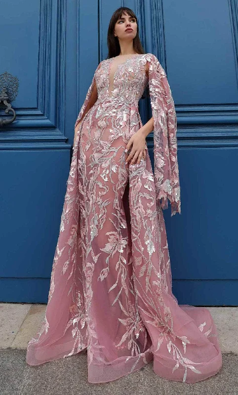 Easy-to-Wear Fashionable Cozy Wear MNM Couture K4024 - Floral-Patterned Sheath Long Gown