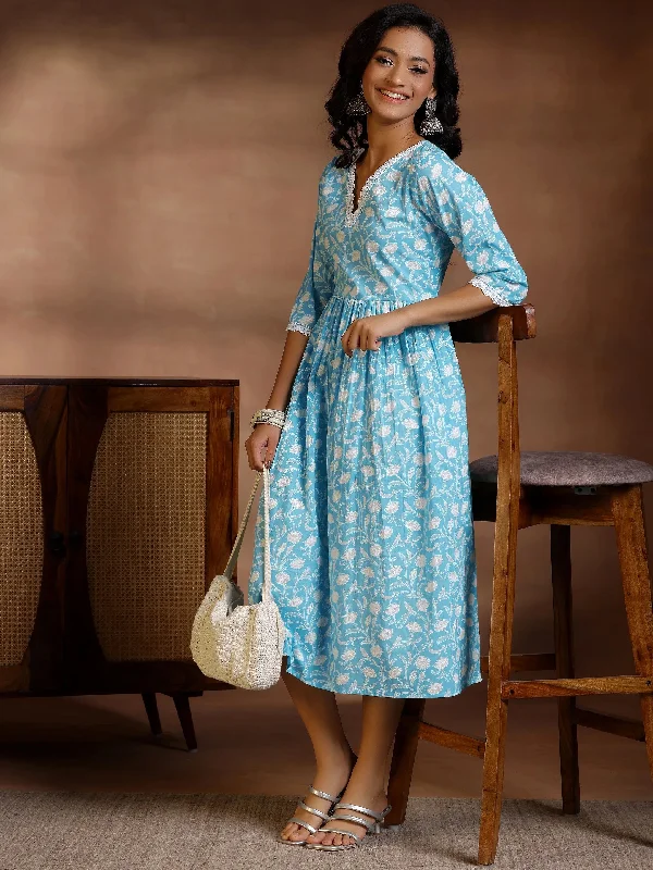 Warm Wear Casual Soft Layers Blue Printed Cotton Fit and Flare Dress