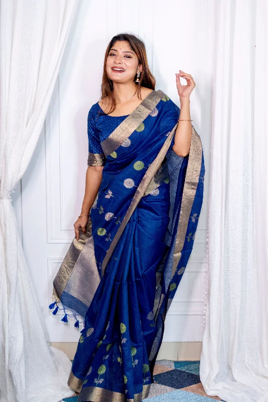 Smart Comfort Cozy Everyday Styles Women's Blue Woven Cotton Silk Saree With Blouse (Saree Blouse Without stitch) - Aastha Fashion Smart Comfort Cozy Everyday Styles Women's Blue Woven Cotton Silk Saree With Blouse (Saree Blouse Without stitch) - Aastha Fashion