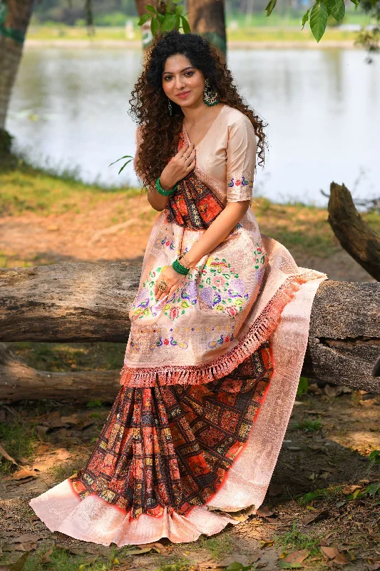 Comfy Pants Comfortable Fashionwear Women's Peach Woven Cotton Blend Saree With Blouse  (Saree Blouse Without stitch) - Aastha Fashion